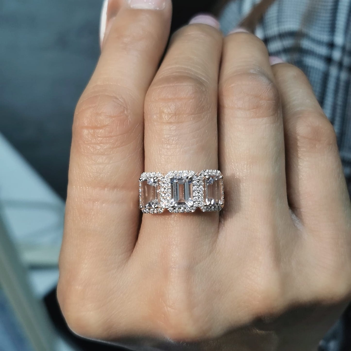 18K Rose Gold Morganite & Diamond Three-Stone Ring – 2.79ct Morganite, 0.38ct Diamonds