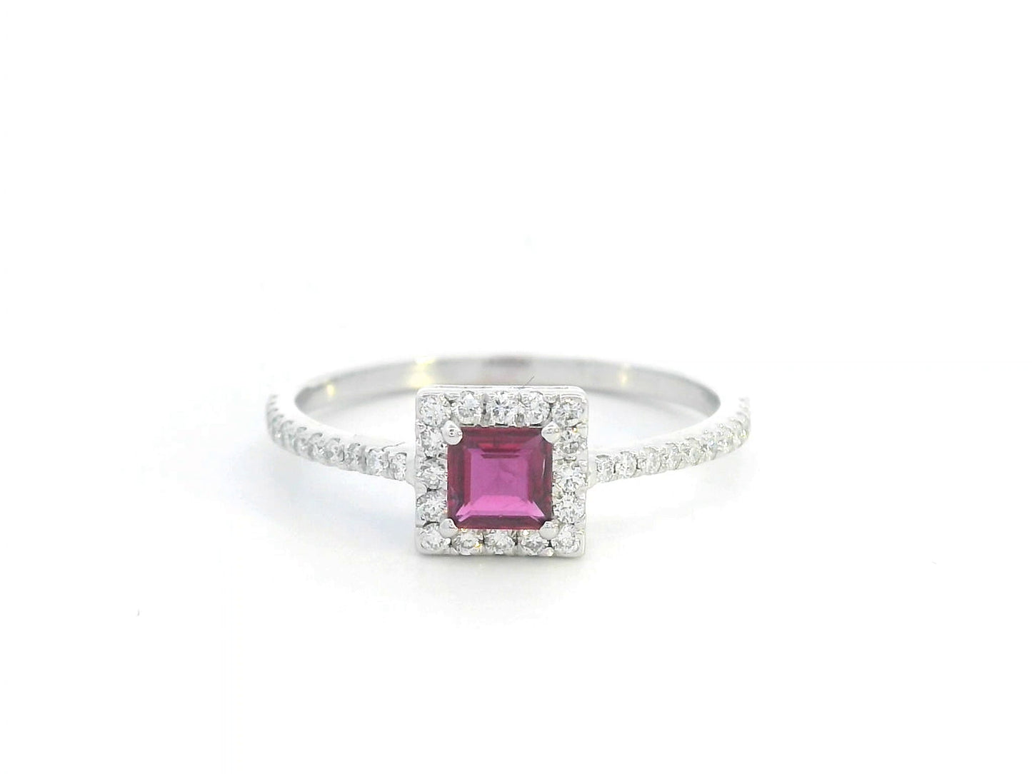 18K white gold ruby halo ring with diamonds – 0.30ct square-cut ruby, 0.24ct diamond pavé band, elegant fine jewelry