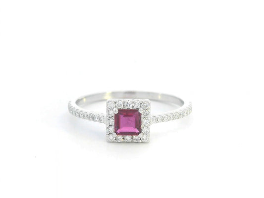 18K white gold ruby halo ring with diamonds – 0.30ct square-cut ruby, 0.24ct diamond pavé band, elegant fine jewelry