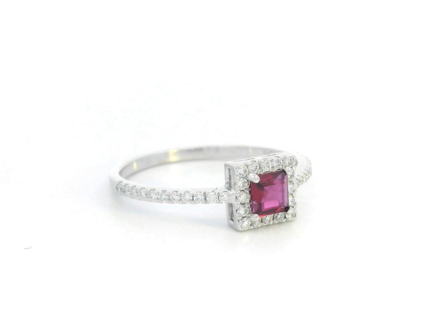 18K white gold ruby halo ring with diamonds – 0.30ct square-cut ruby, 0.24ct diamond pavé band, elegant fine jewelry