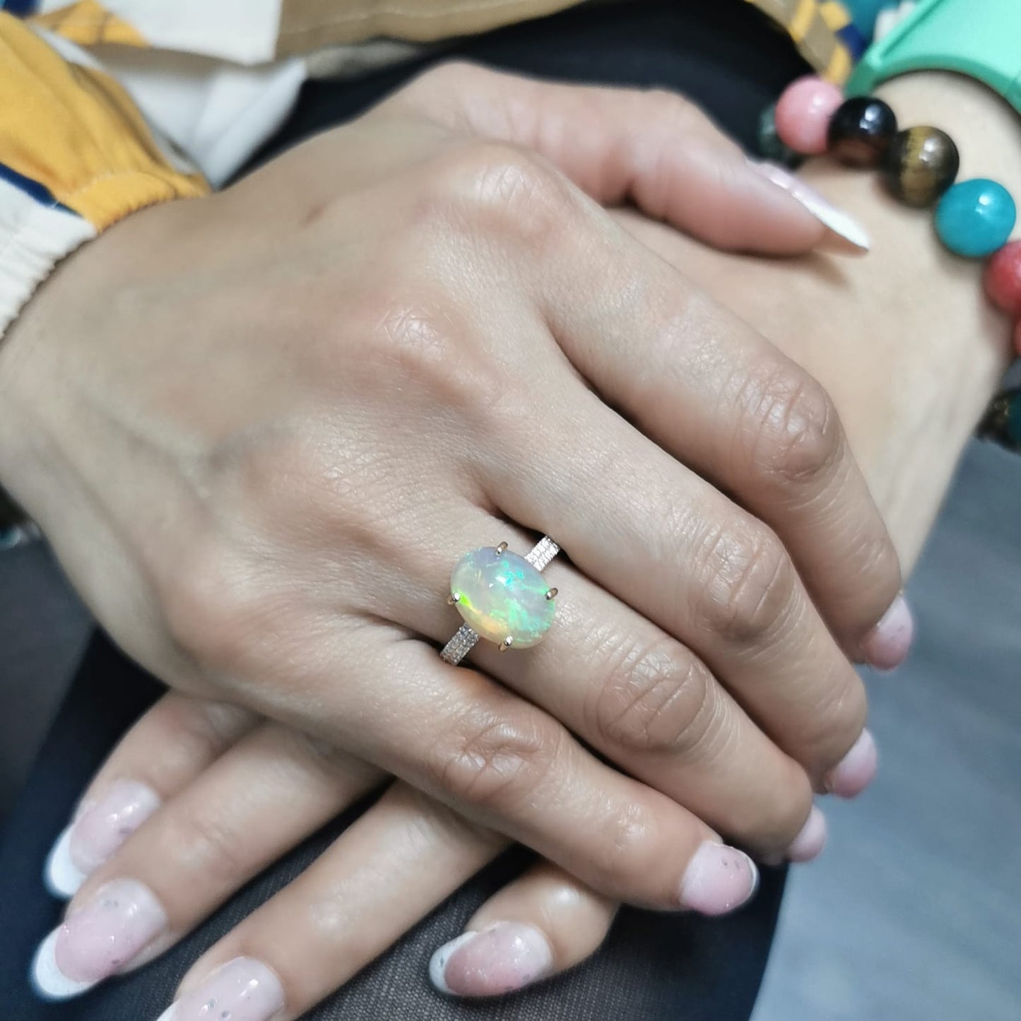 18K gold opal cocktail ring with diamonds – 3.65ct oval opal, 0.26ct pavé diamonds, elegant statement jewelry.