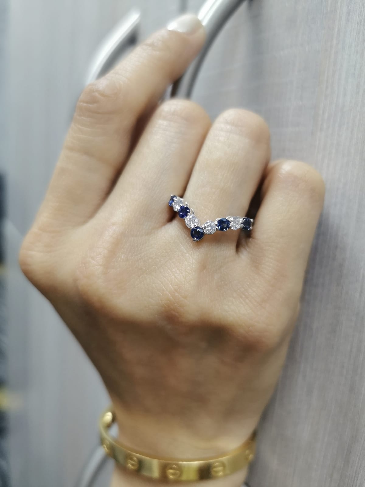 18K Gold Wishbone Chevron Ring V-Shaped Band with Diamonds and Blue Sapphires