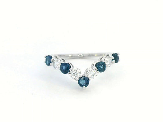 18K Gold Wishbone Chevron Ring V-Shaped Band with Diamonds and Blue Sapphires