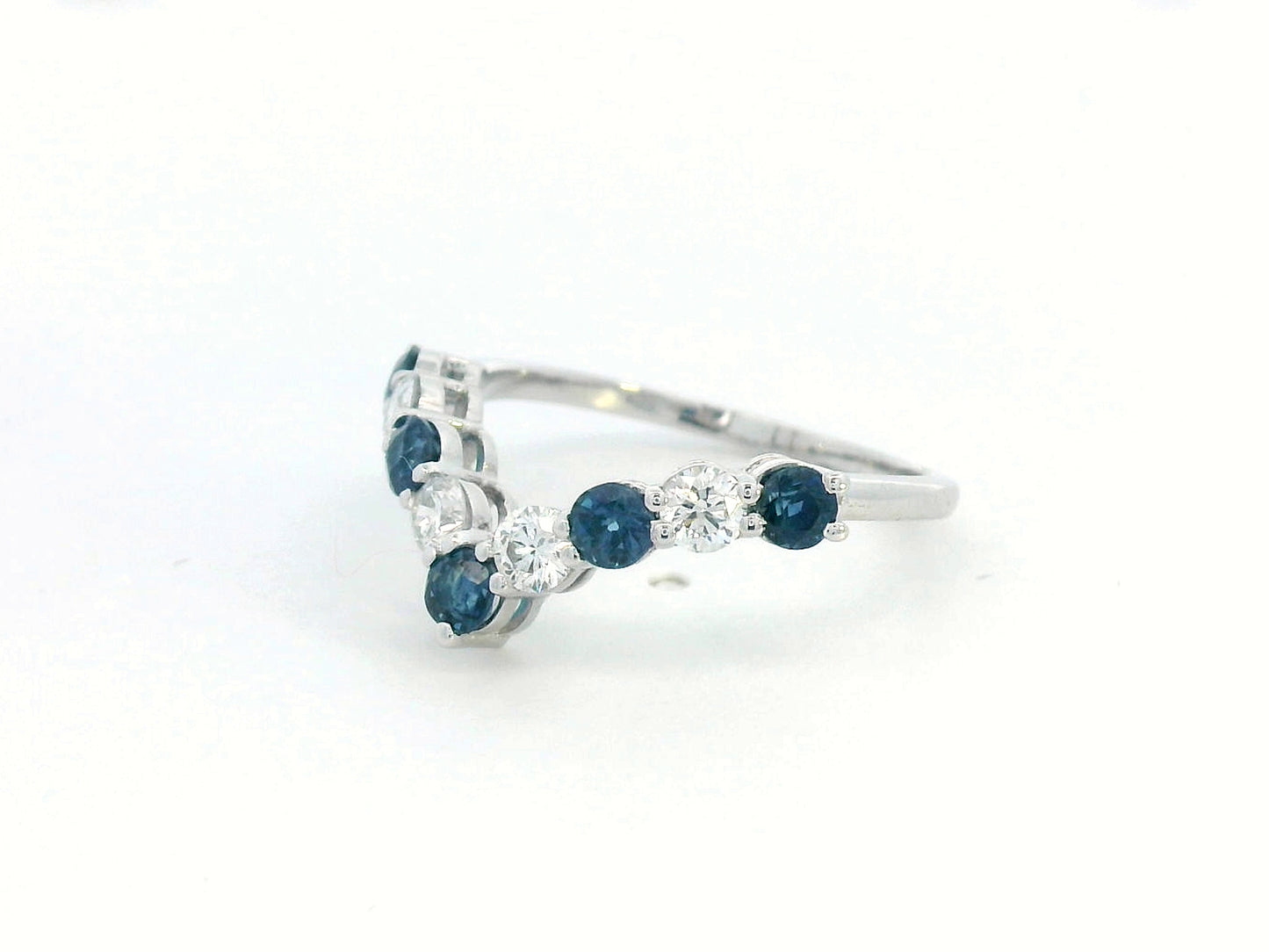 18K Gold Wishbone Chevron Ring V-Shaped Band with Diamonds and Blue Sapphires