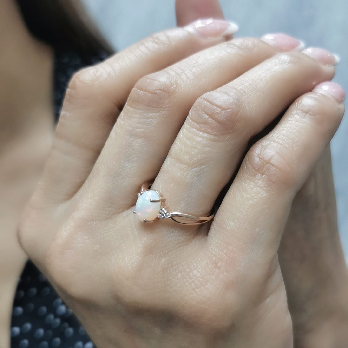 Elegant 18K gold Opal and diamond ring, 1.11-carat Opal with 0.06-carat diamond accents, October birthstone jewelry.