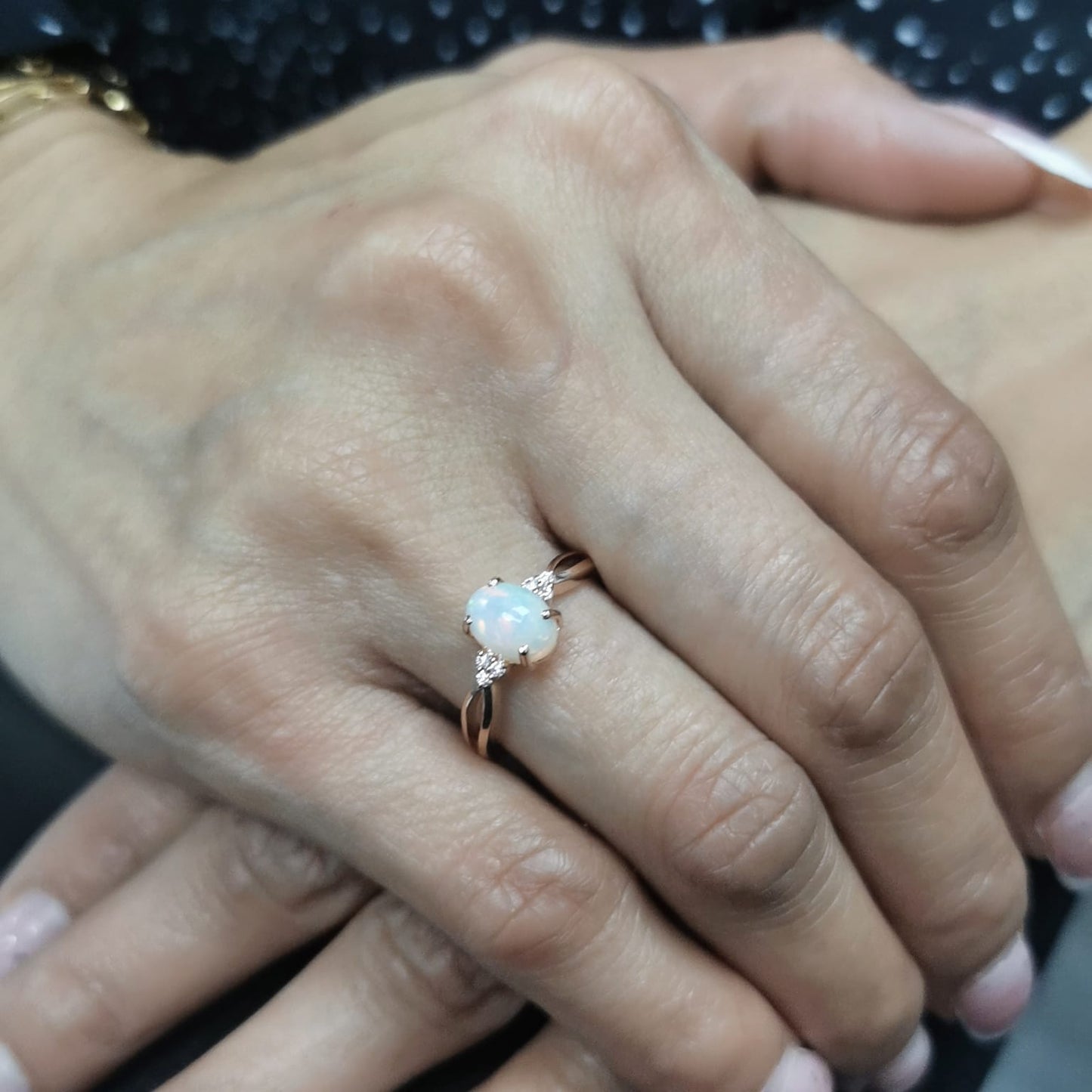 Elegant 18K gold Opal and diamond ring, 1.11-carat Opal with 0.06-carat diamond accents, October birthstone jewelry.
