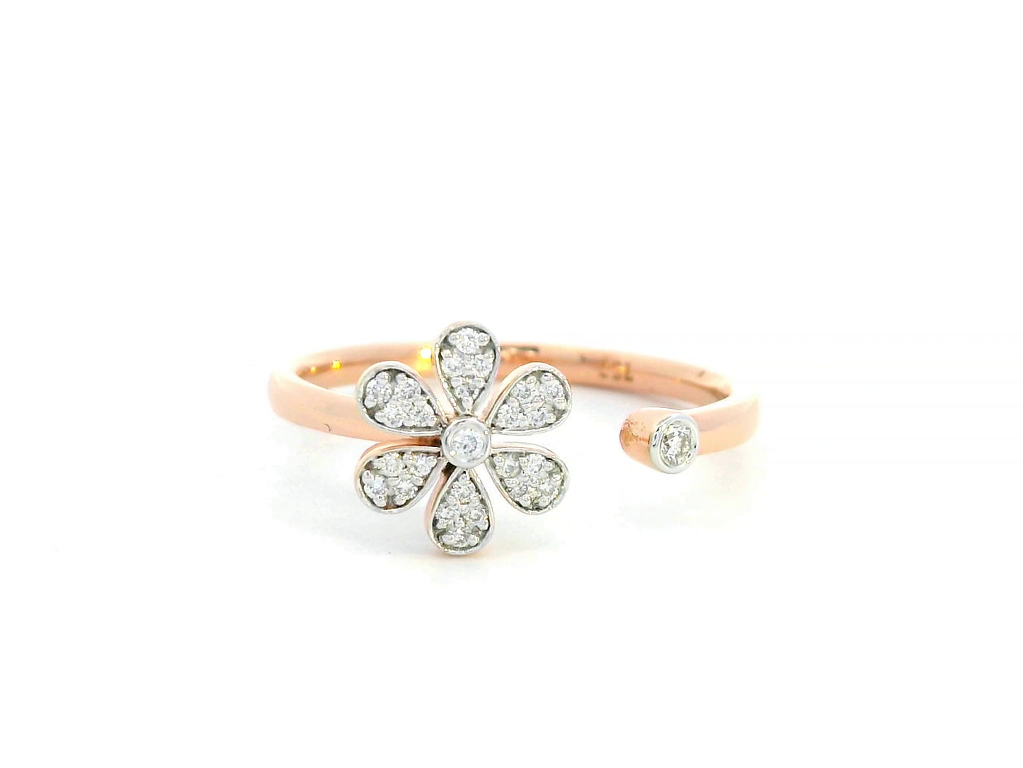 18K rose gold floral open ring with diamond-studded flower and bezel-set diamond – elegant fine jewelry