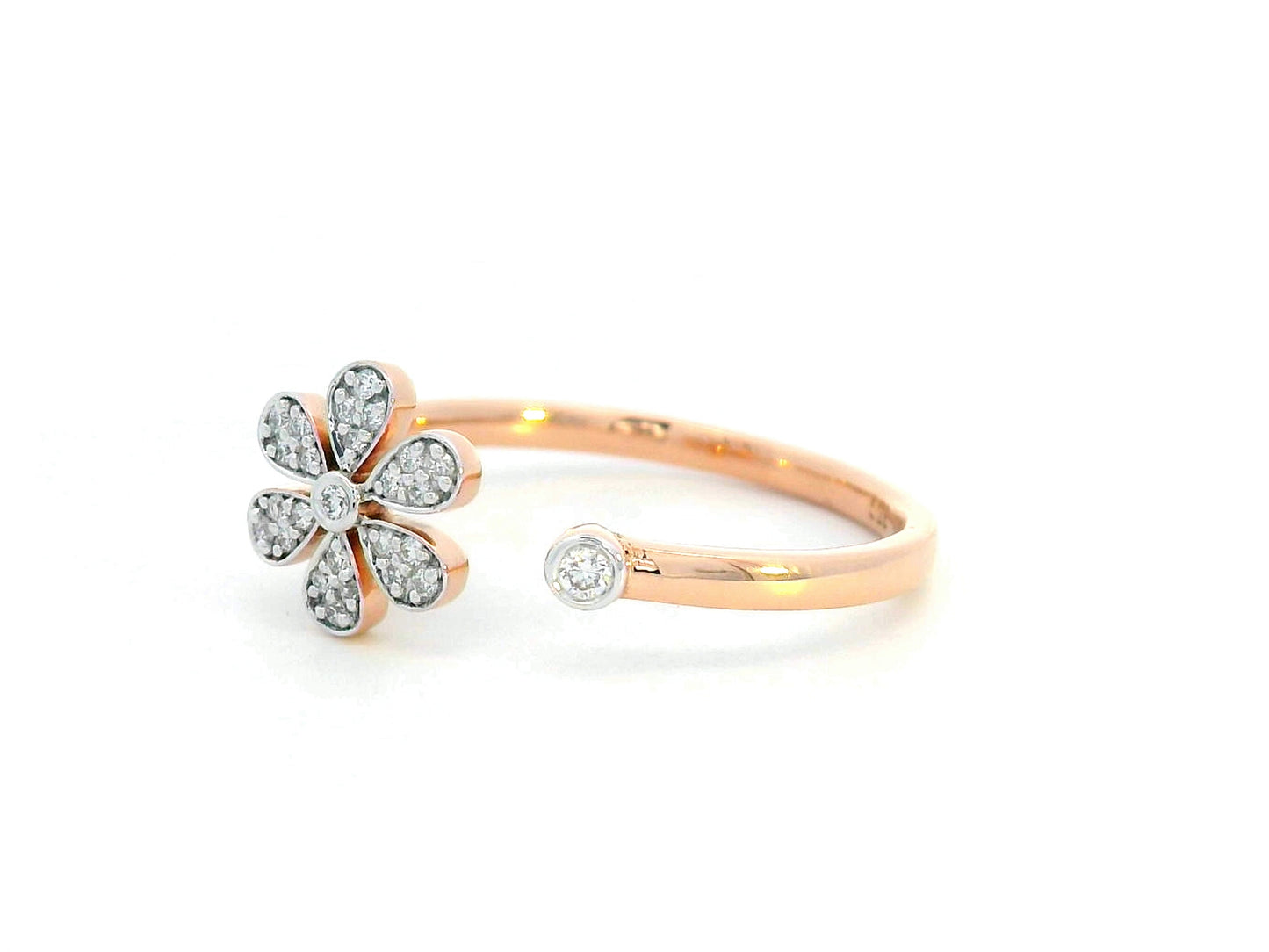 18K rose gold floral open ring with diamond-studded flower and bezel-set diamond – elegant fine jewelry