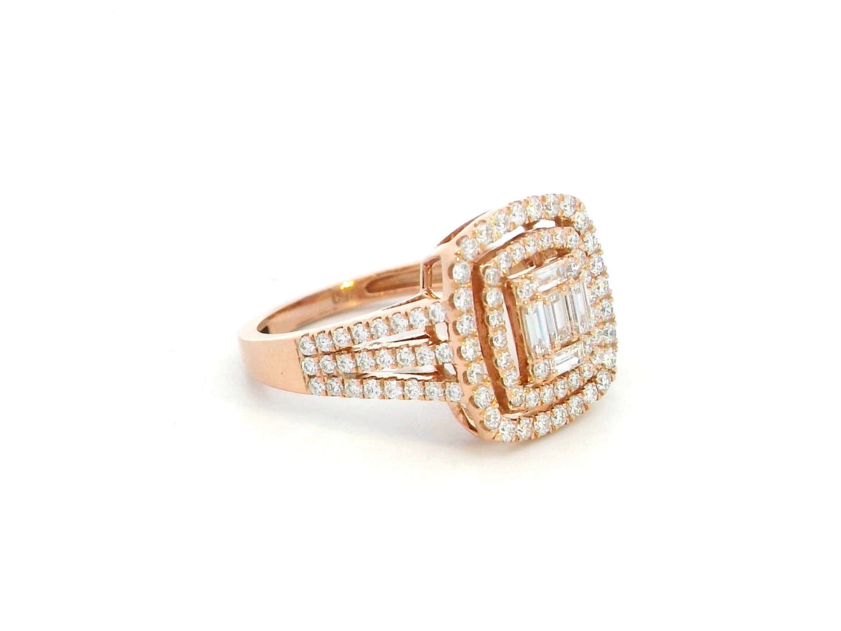 Rose gold diamond ring featuring a rectangular baguette diamond arrangement, double round diamond halo and split shoulders