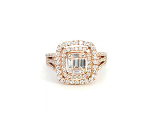 18K Rose Gold Baguette & Round Diamond Ring – 0.96 CT Double Halo Statement Ring, Luxury Engagement & Anniversary Jewelry