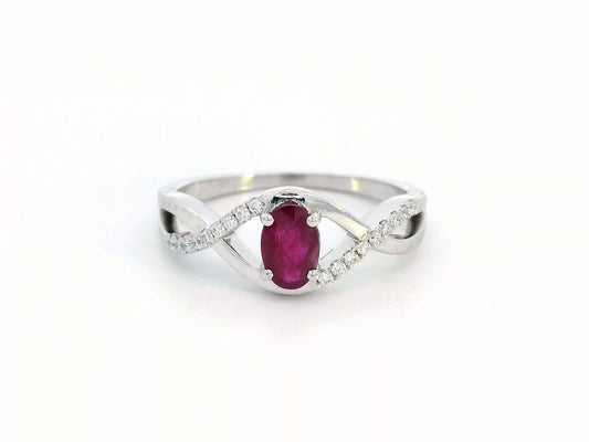 18K White Gold Infinity Ring with 0.48 Carat Oval Ruby and 0.09 Carat Diamonds