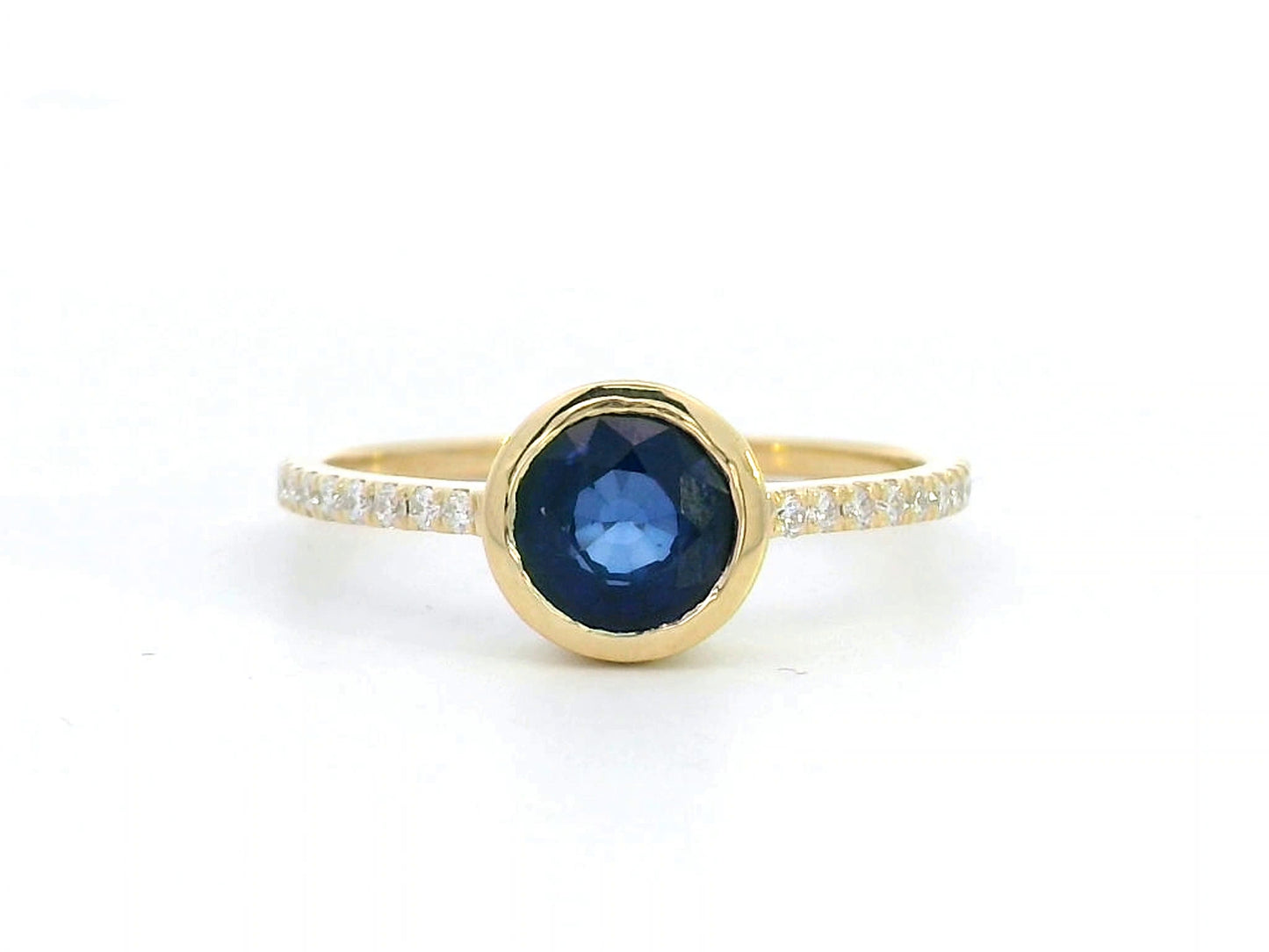 18K Gold Bezel Set Sapphire Ring with Diamond Pave Band – 1.04 Carat Blue Sapphire & 0.16 Carat Diamonds