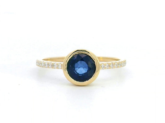 18K Gold Bezel Set Sapphire Ring with Diamond Pave Band – 1.04 Carat Blue Sapphire & 0.16 Carat Diamonds