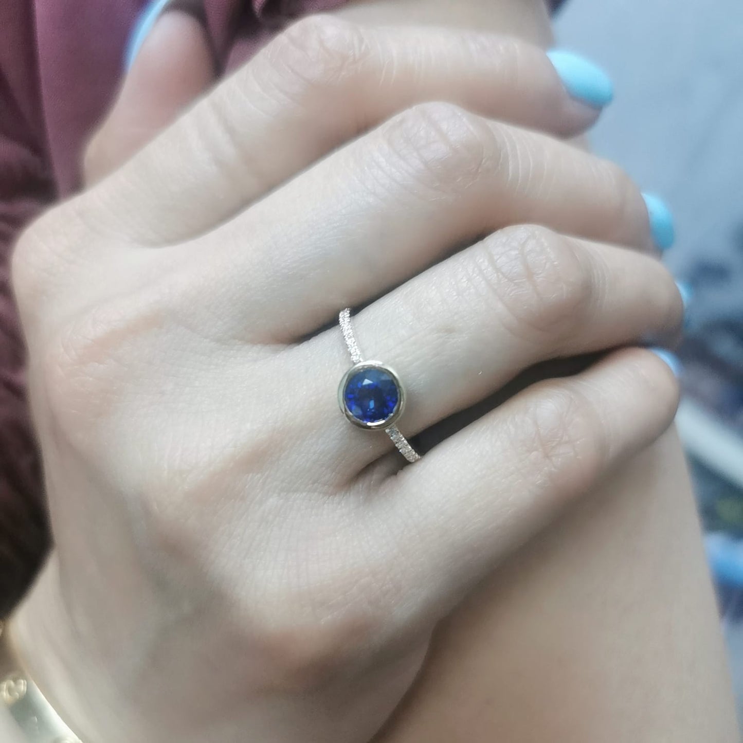 18K Gold Bezel Set Sapphire Ring with Diamond Pave Band – 1.04 Carat Blue Sapphire & 0.16 Carat Diamonds