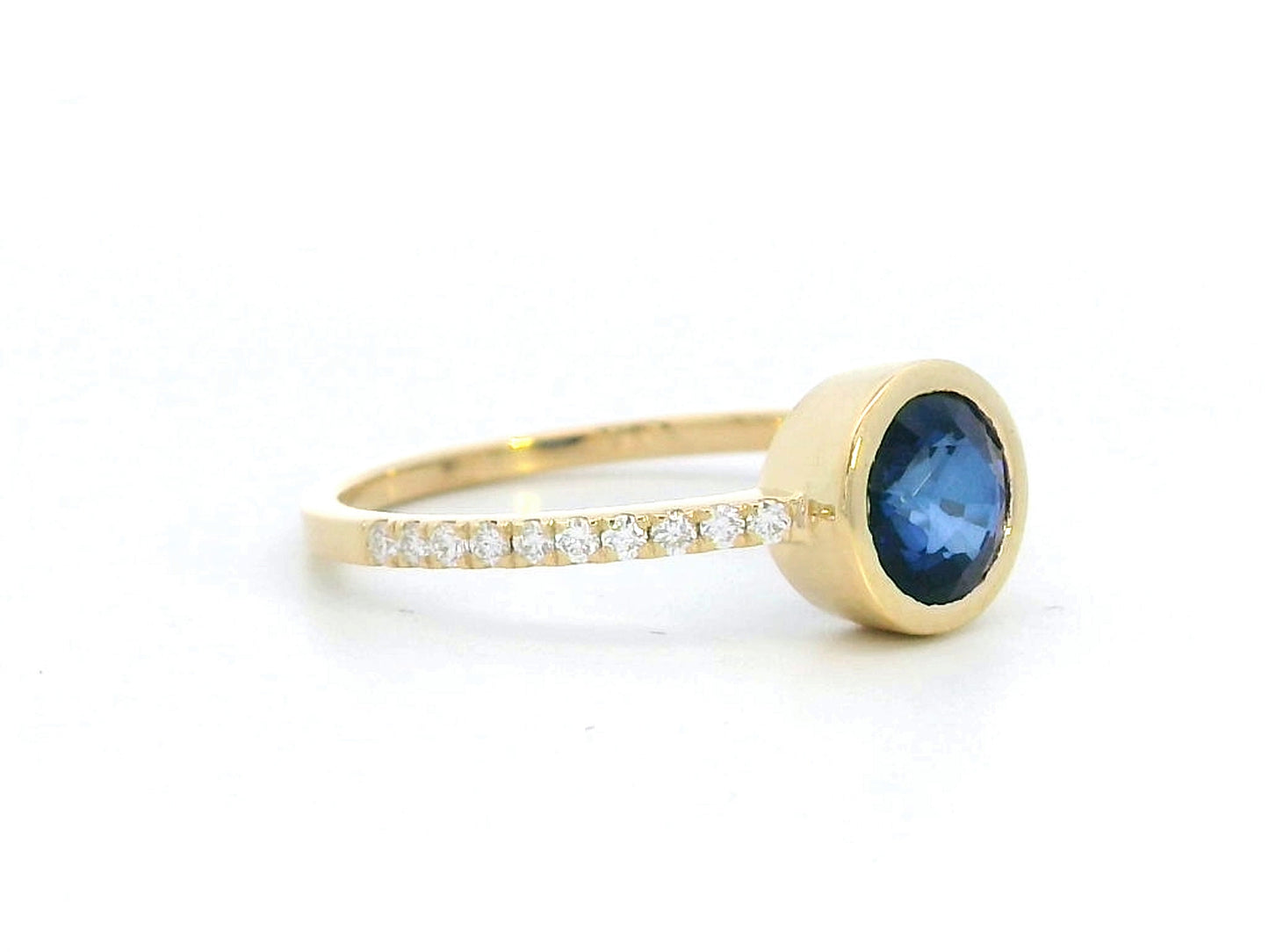 18K Gold Bezel Set Sapphire Ring with Diamond Pave Band – 1.04 Carat Blue Sapphire & 0.16 Carat Diamonds