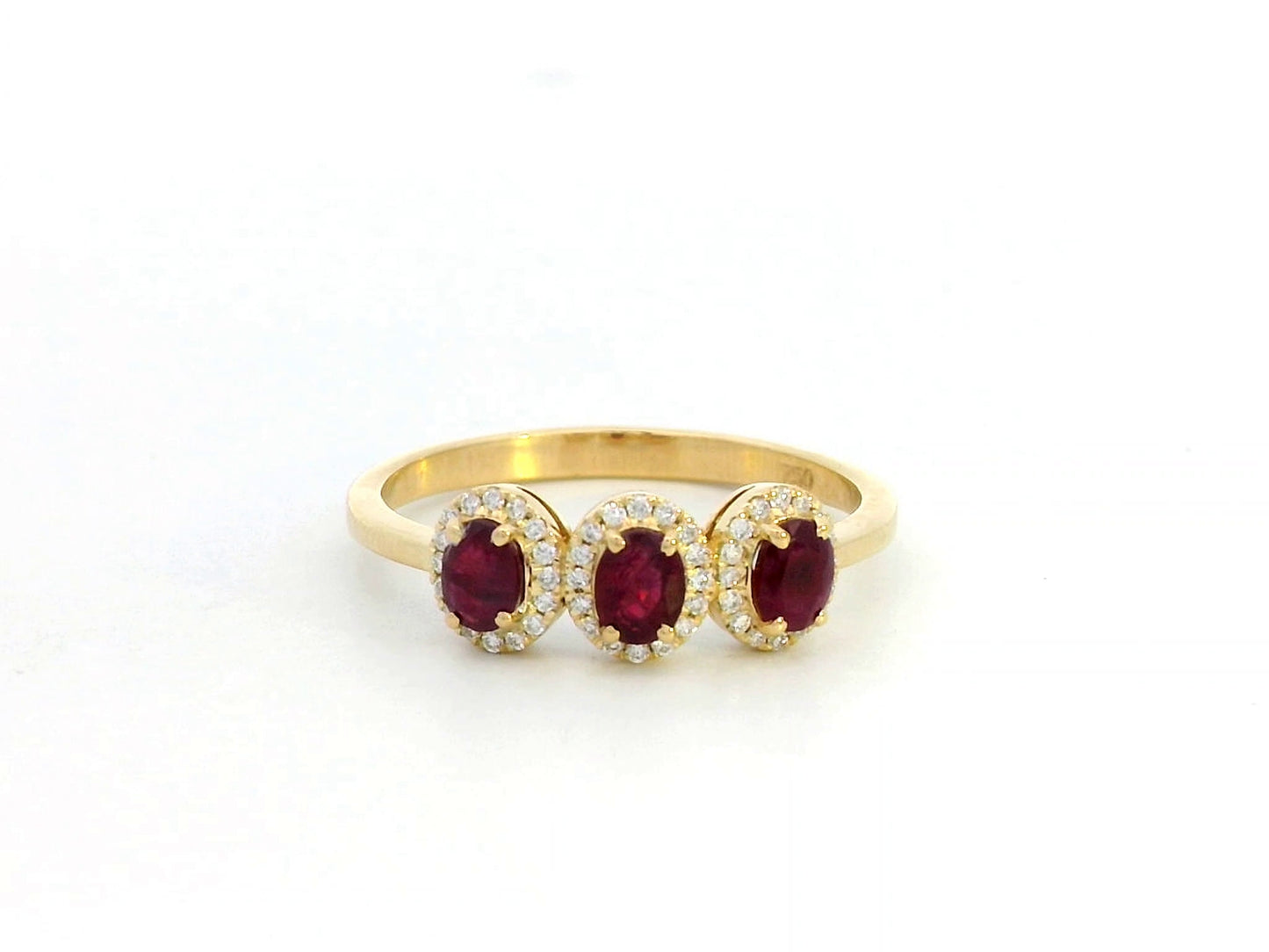 18K Gold Ruby Trilogy Ring with Diamond Halo – 0.78 Carat Ruby & 0.11 Carat Diamonds – July Birthstone