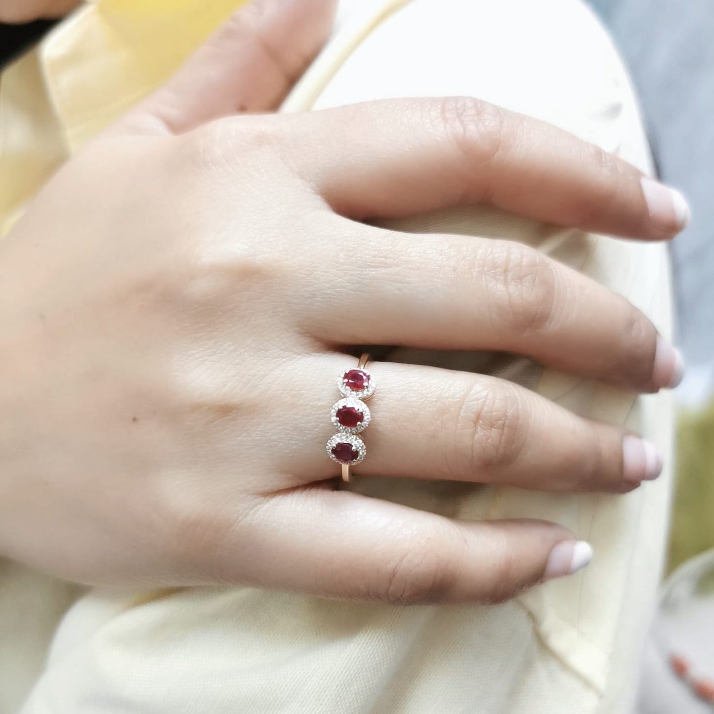 18K Gold Ruby Trilogy Ring with Diamond Halo – 0.78 Carat Ruby & 0.11 Carat Diamonds – July Birthstone