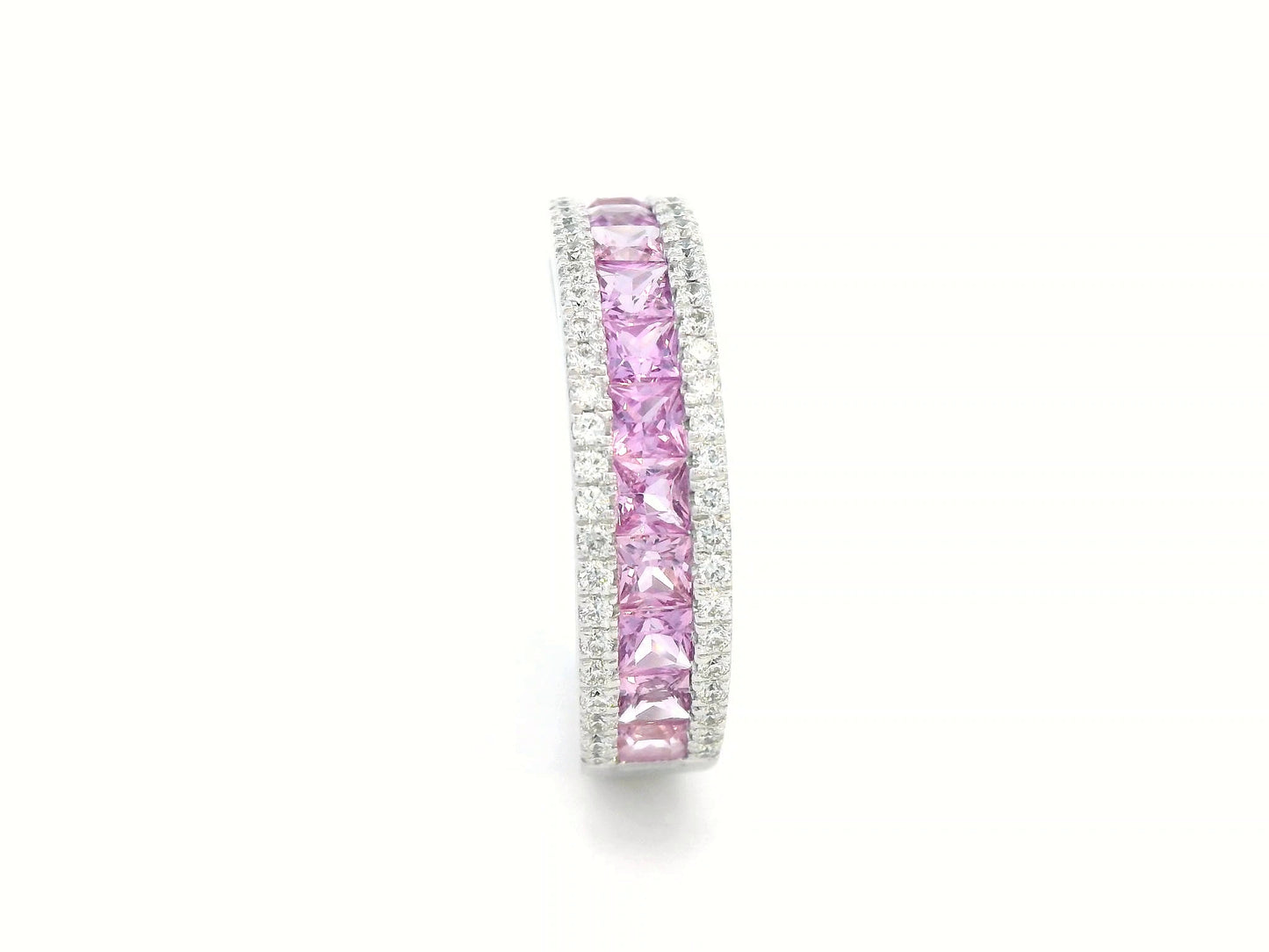 18K white gold pink sapphire and diamond ring – square-cut sapphires bordered with diamonds, luxury statement jewelry