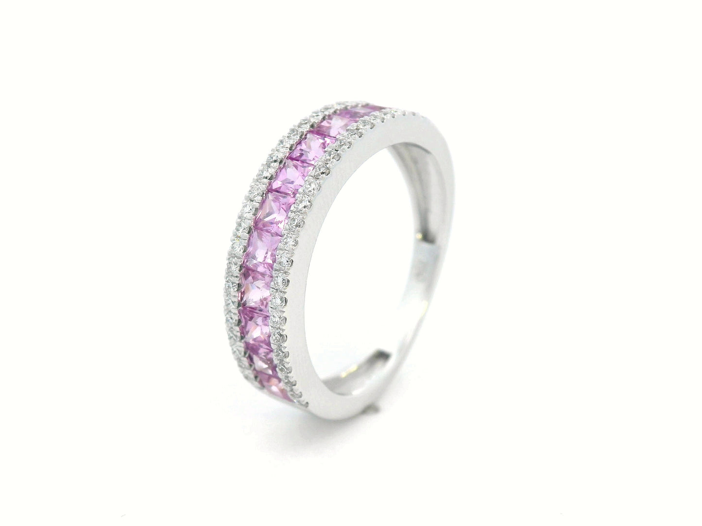 18K white gold pink sapphire and diamond ring – square-cut sapphires bordered with diamonds, luxury statement jewelry