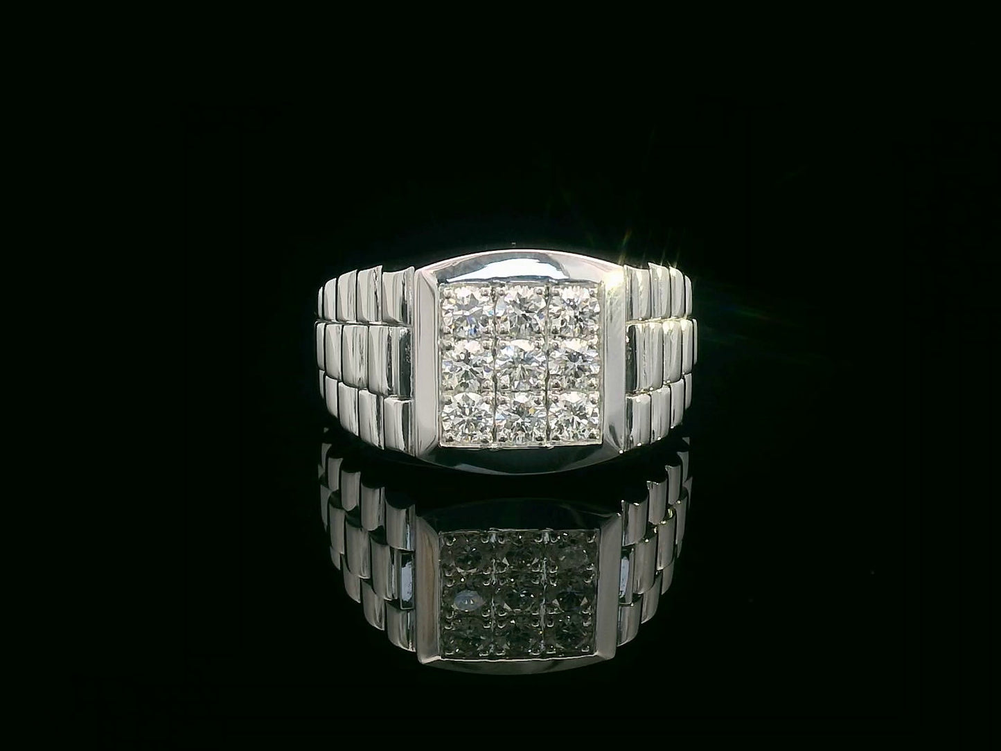 Men’s 18K gold statement ring with square top cluster of 0.74 carat round diamonds and a wide stepped polished band.
