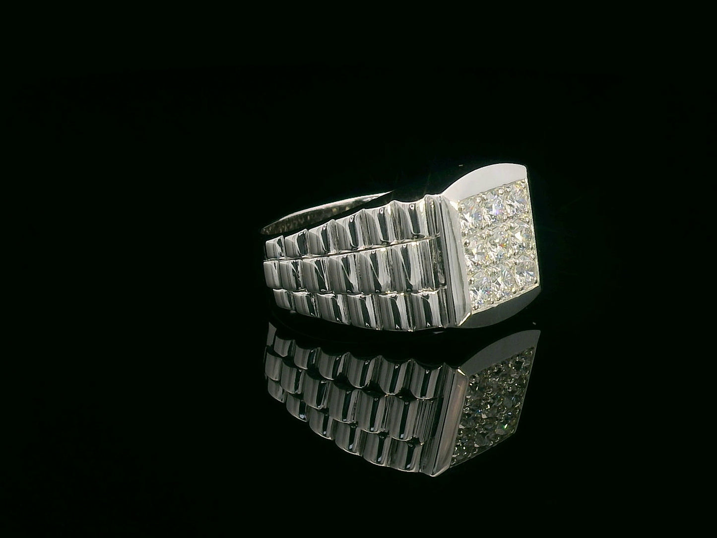 Men’s 18K gold statement ring with square top cluster of 0.74 carat round diamonds and a wide stepped polished band.