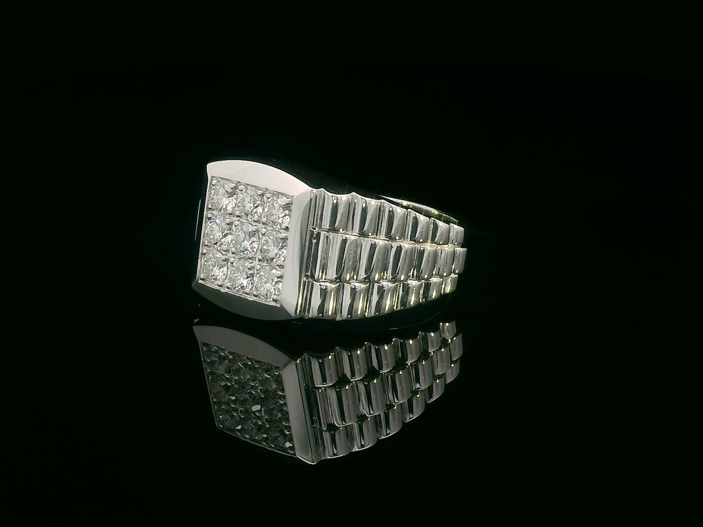 Men’s 18K gold statement ring with square top cluster of 0.74 carat round diamonds and a wide stepped polished band.