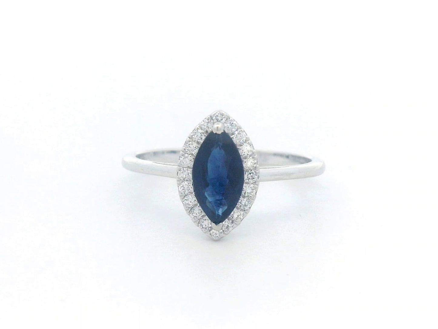 Marquise Blue Sapphire and Diamond Halo Ring in 18K Gold – 0.84 CT Sapphire, 0.15 CT Diamonds