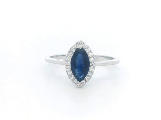 Marquise Blue Sapphire and Diamond Halo Ring in 18K Gold – 0.84 CT Sapphire, 0.15 CT Diamonds