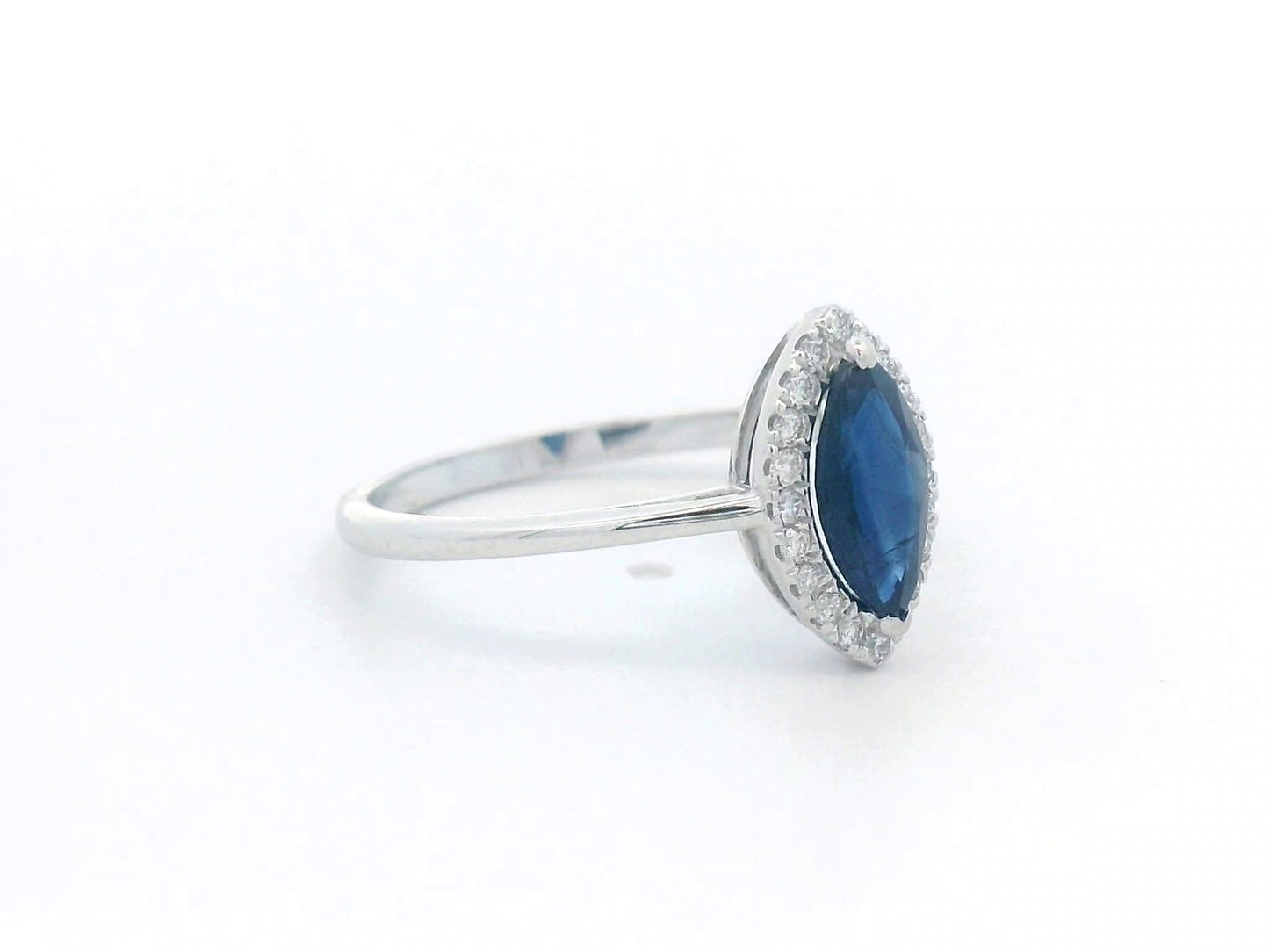 Marquise Blue Sapphire and Diamond Halo Ring in 18K Gold – 0.84 CT Sapphire, 0.15 CT Diamonds