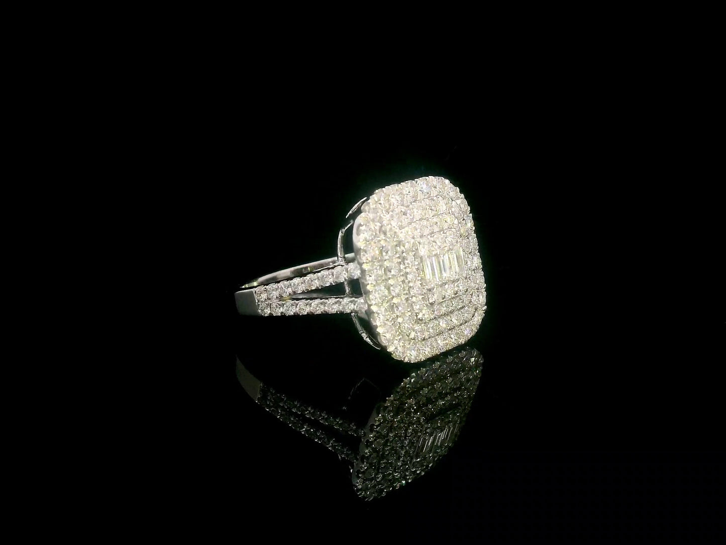 18K gold cushion-shaped diamond cluster ring with split diamond band.