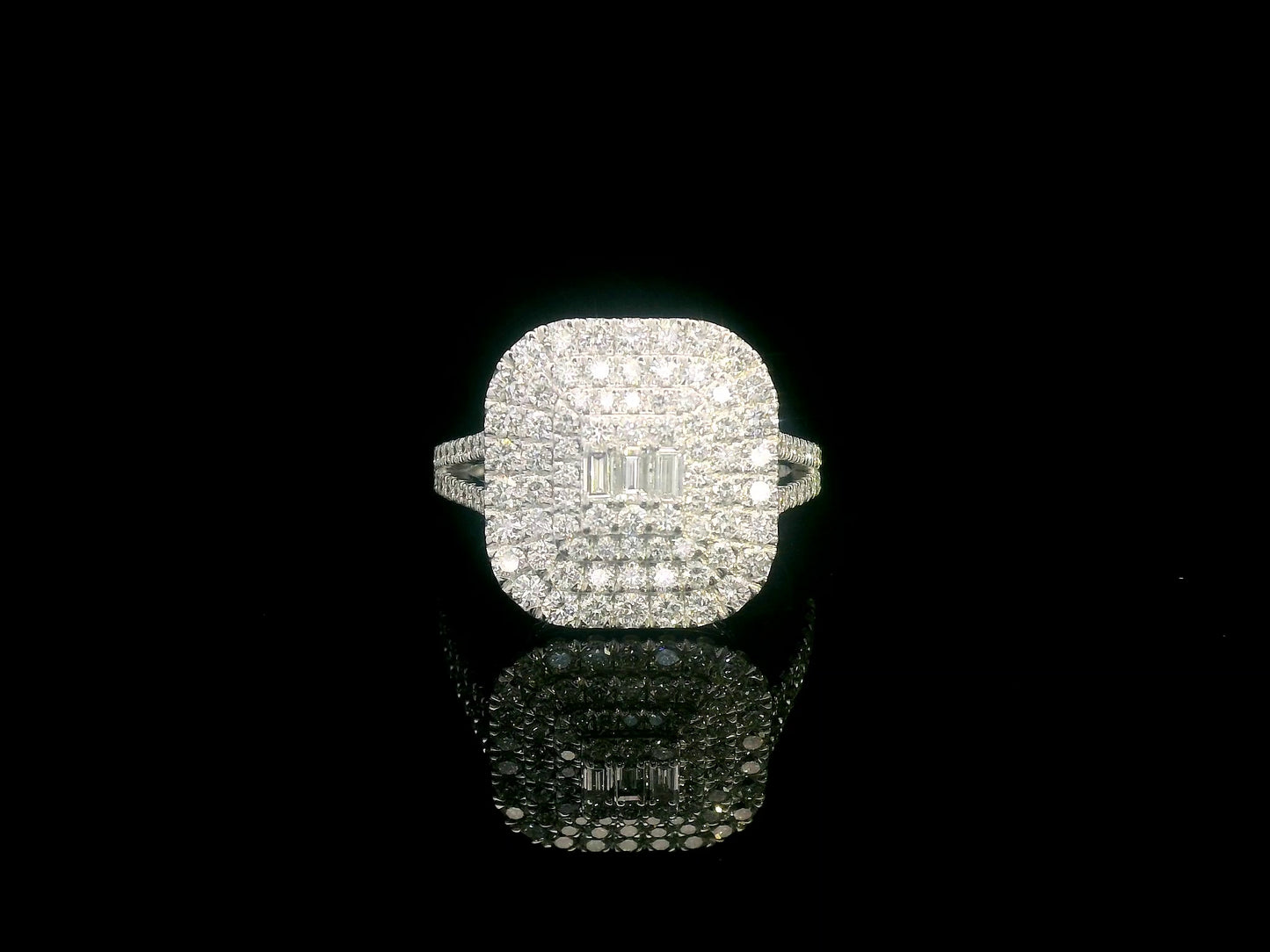 18K gold cushion-shaped diamond cluster ring with split diamond band.