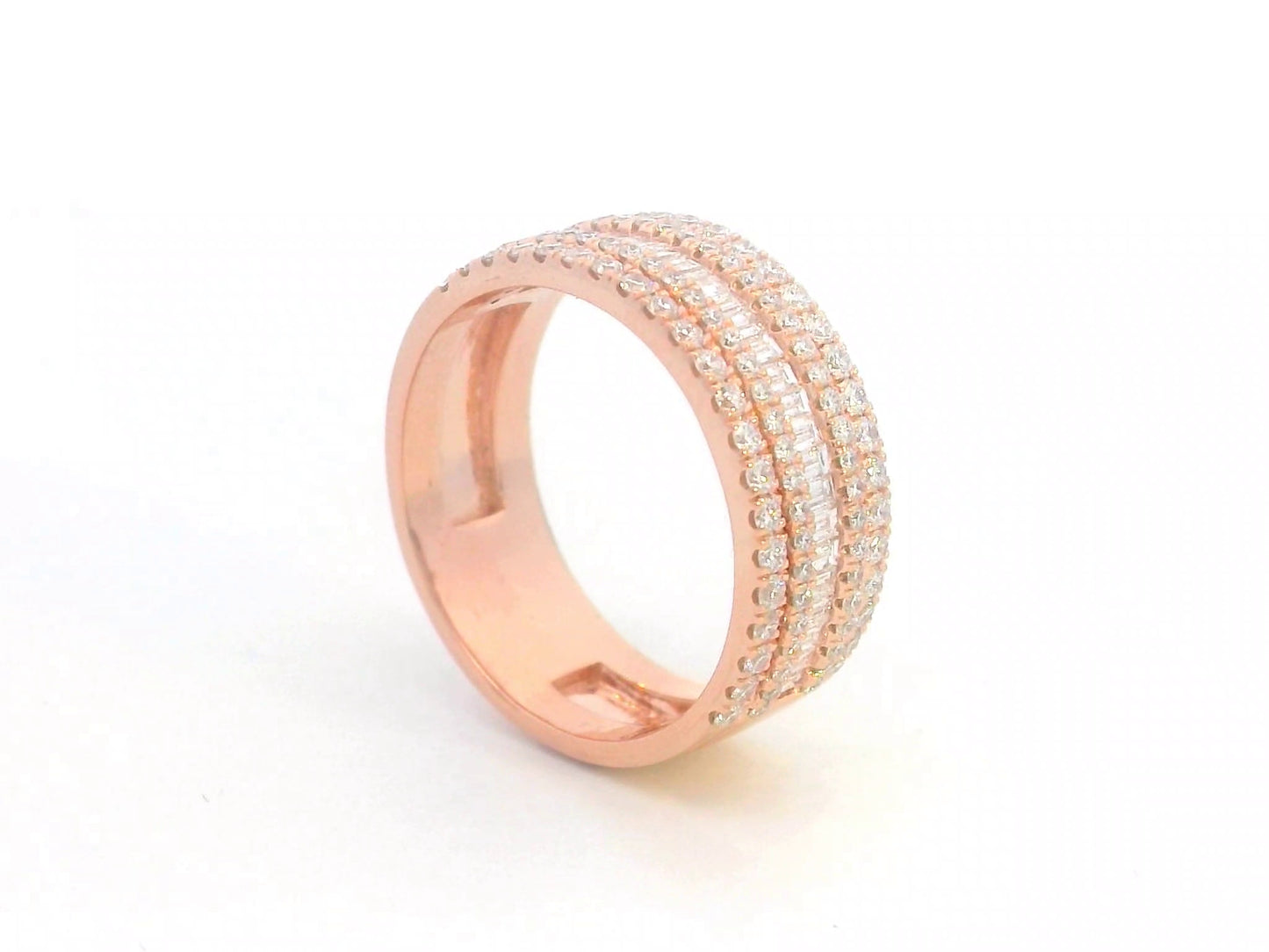 18K rose gold multi-row diamond band with round and baguette diamonds.