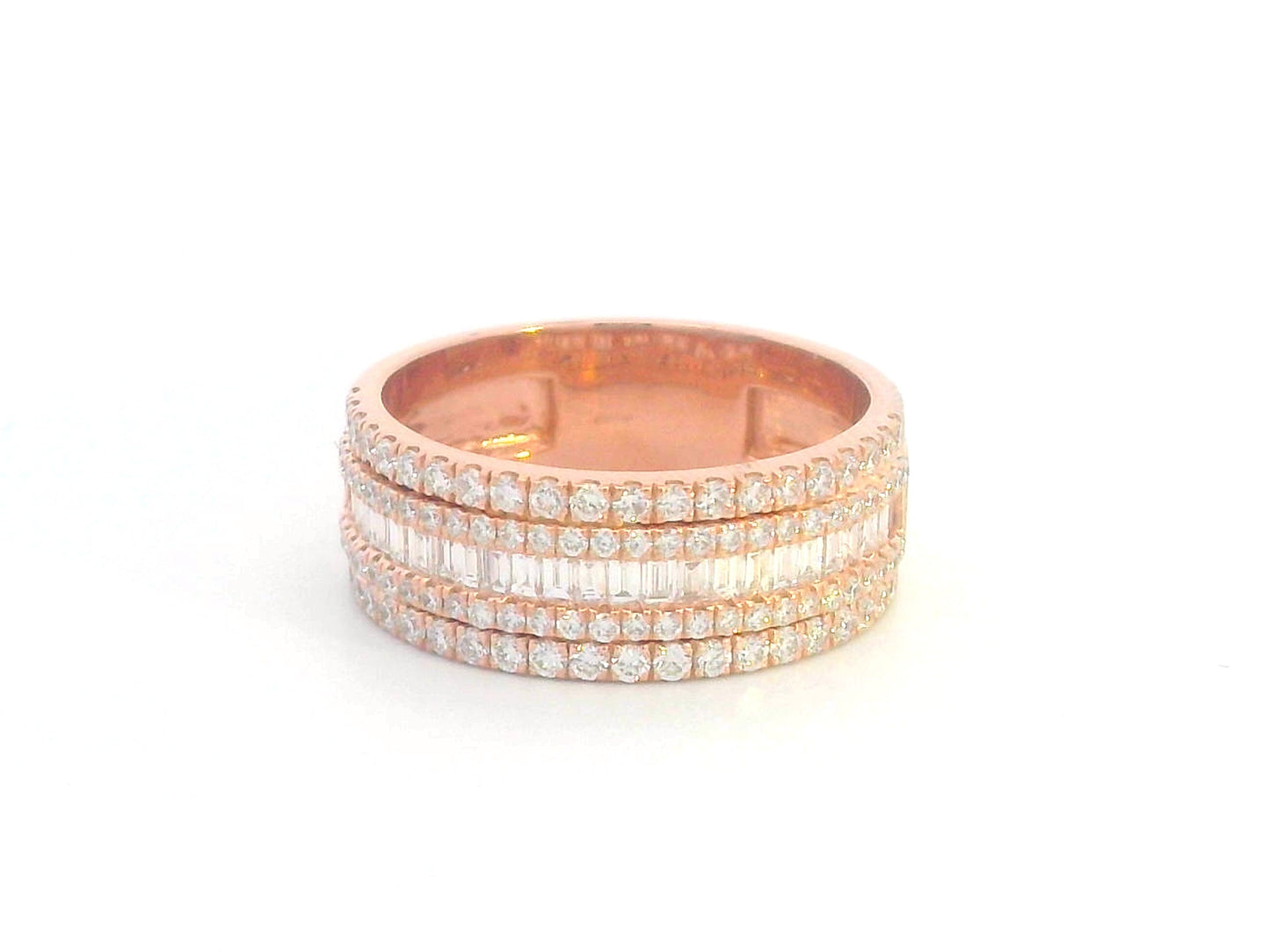 18K rose gold multi-row diamond band with round and baguette diamonds.