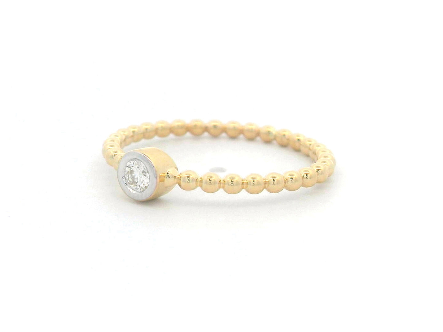 Minimalist 18K gold beaded band ring with a bezel-set 0.08ct diamond, perfect for stacking or everyday wear.