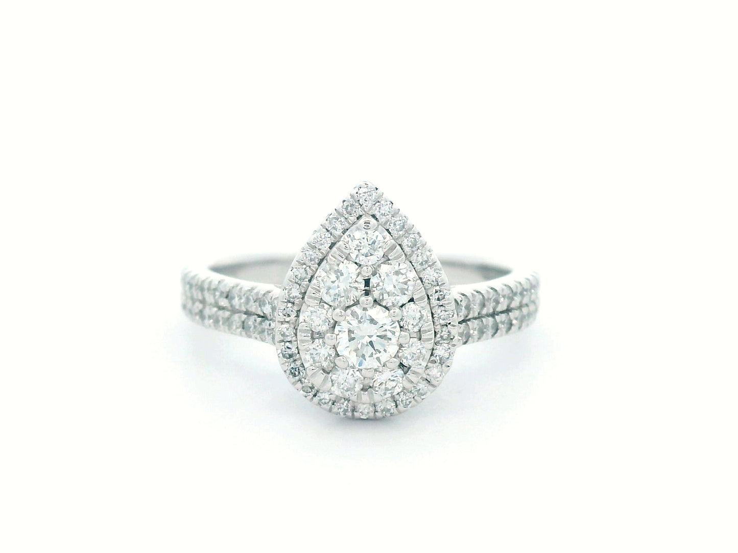 18K gold pear-shaped diamond cluster ring with double halo and split band – 0.75 carat total weight
