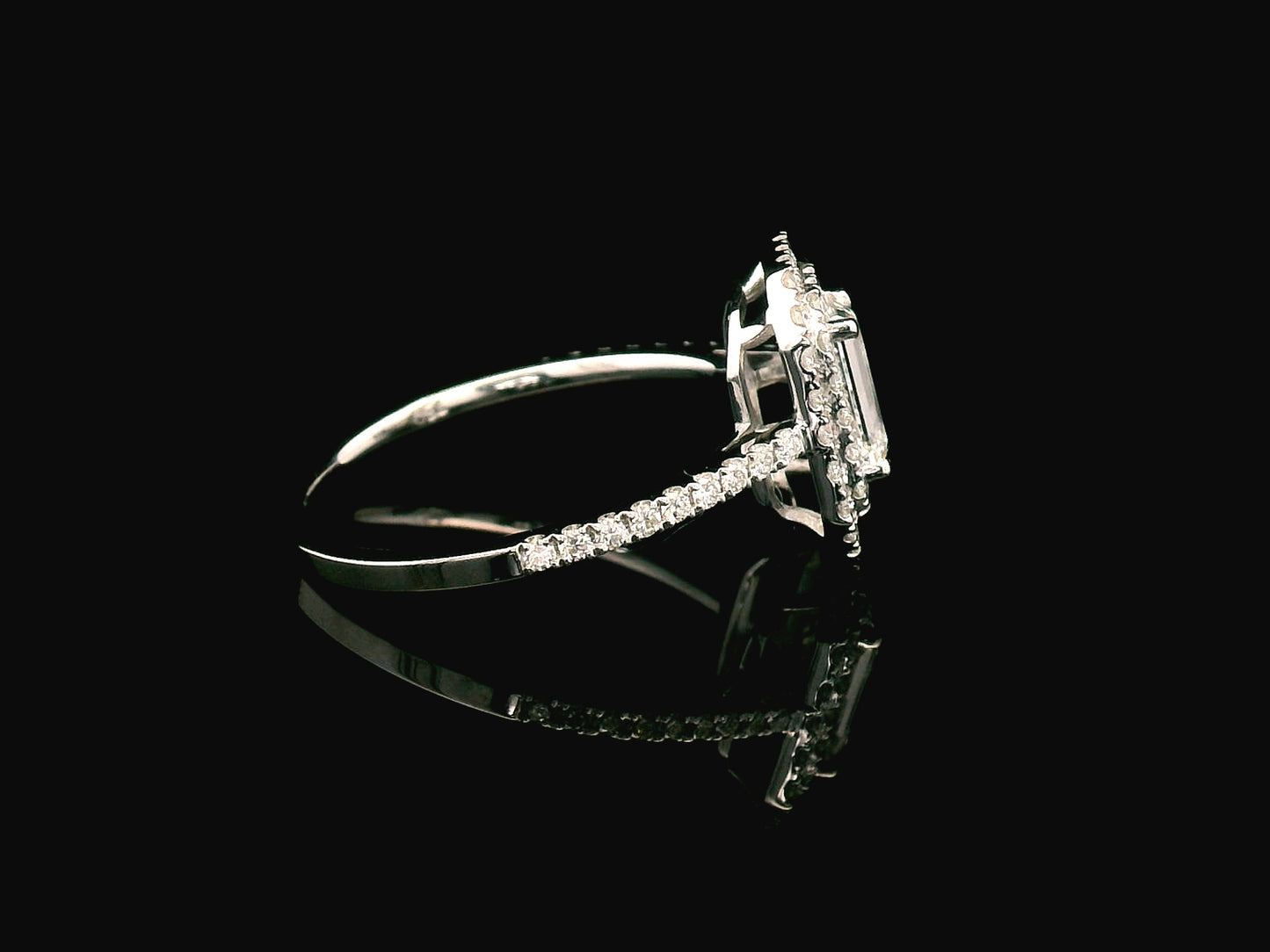 1.00 carat Emerald-cut diamond engagement ring with double halo and pave band in 18K gold