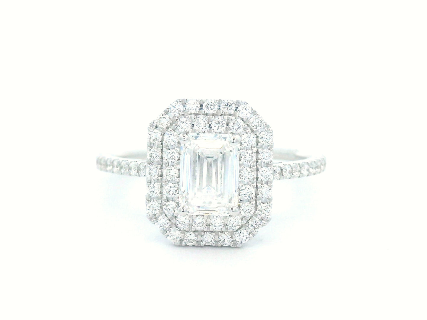 1.00 carat Emerald-cut diamond engagement ring with double halo and pave band in 18K gold