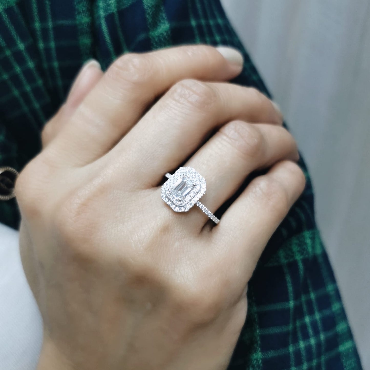 Emerald Cut Diamond Engagement Ring in 18K Gold | 1.43 Carat Total | Double Halo Design