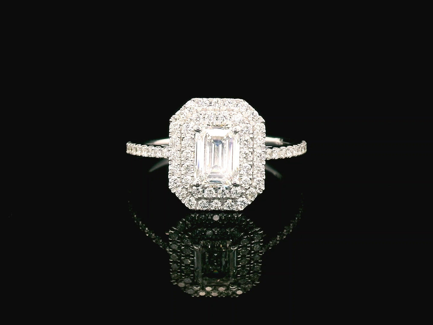 1.00 carat Emerald-cut diamond engagement ring with double halo and pave band in 18K gold