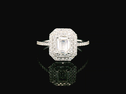 1.00 carat Emerald-cut diamond engagement ring with double halo and pave band in 18K gold