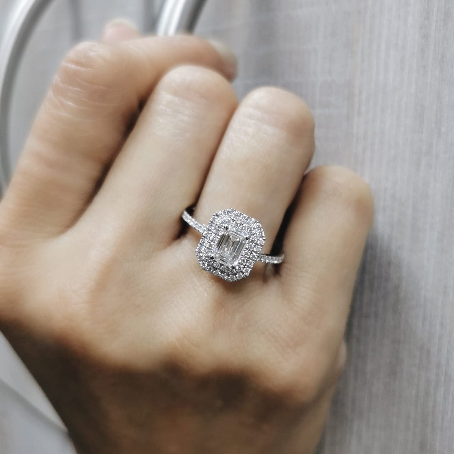 Emerald Cut Diamond Engagement Ring in 18K Gold | 1.43 Carat Total | Double Halo Design