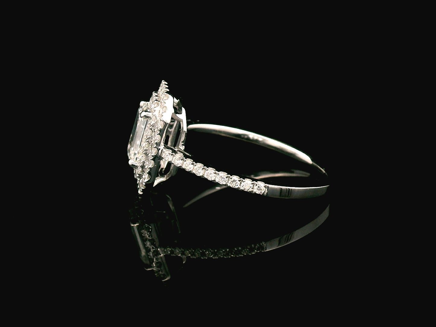 1.00 carat Emerald-cut diamond engagement ring with double halo and pave band in 18K gold