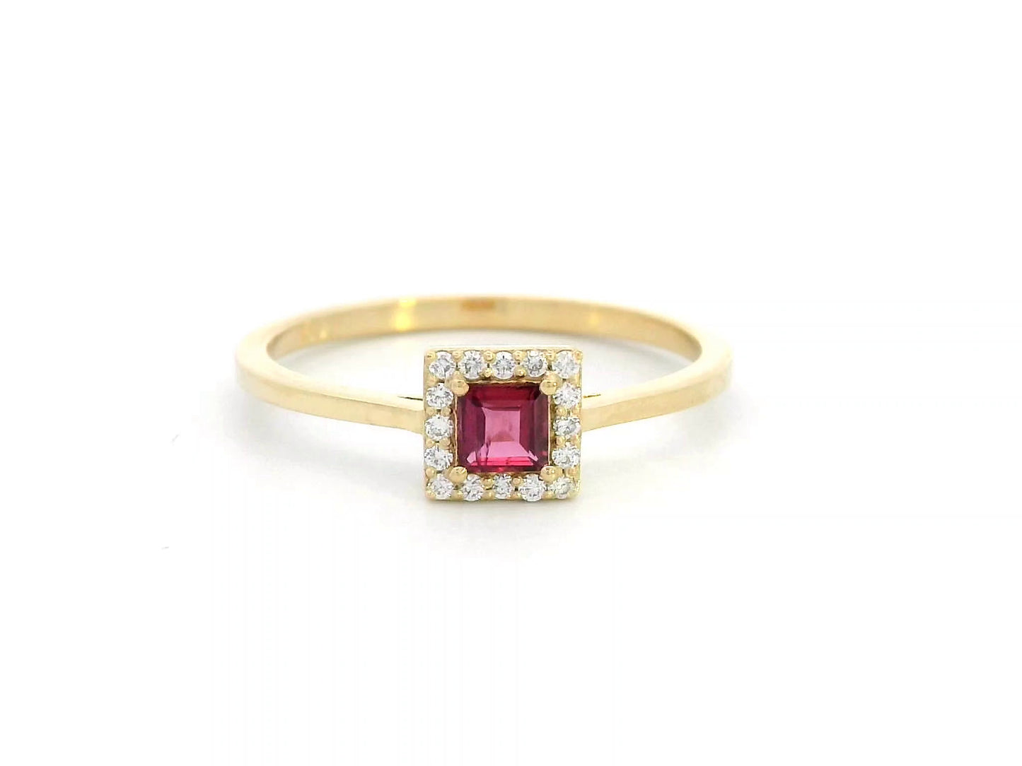 18K yellow gold ring with 0.24ct princess-cut Ruby and 0.07ct diamond halo, minimalist band design.