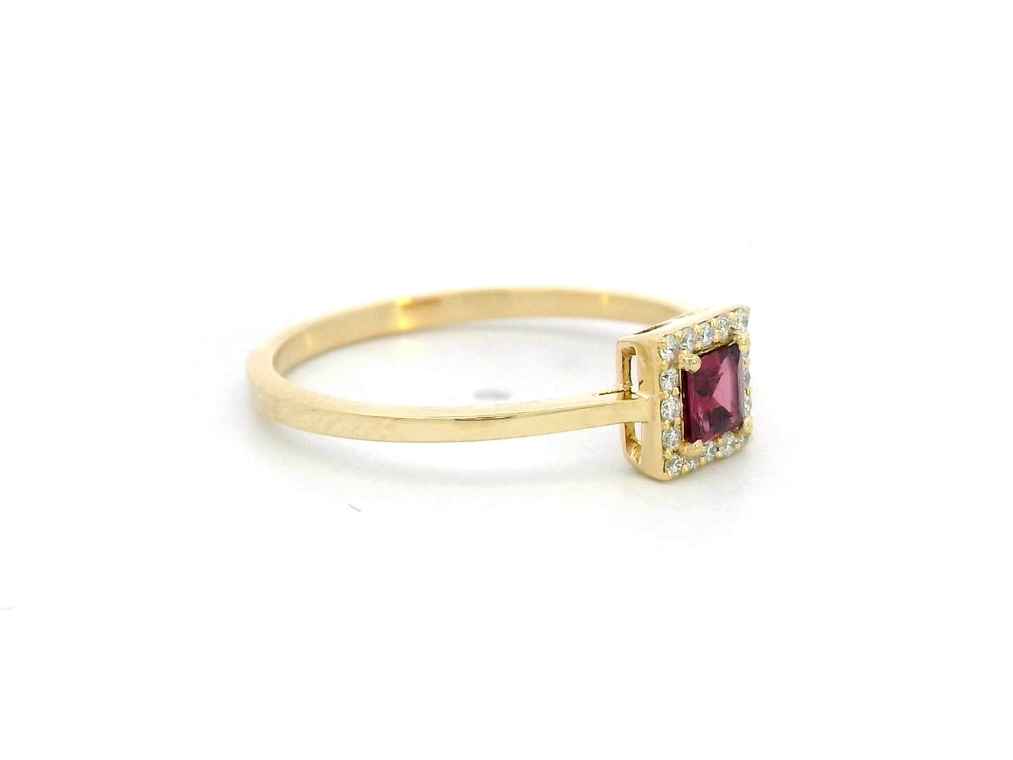 18K yellow gold ring with 0.24ct princess-cut Ruby and 0.07ct diamond halo, minimalist band design.