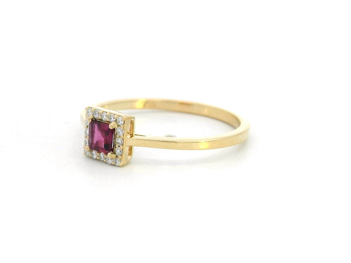 18K yellow gold ring with 0.24ct princess-cut Ruby and 0.07ct diamond halo, minimalist band design.