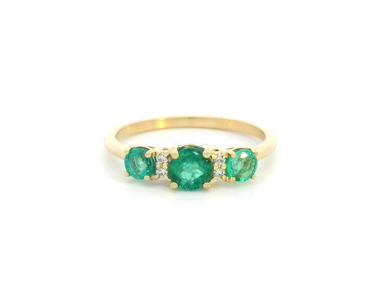 18K yellow gold emerald trilogy ring with diamond accents – 0.81ct emerald, 0.03ct diamond