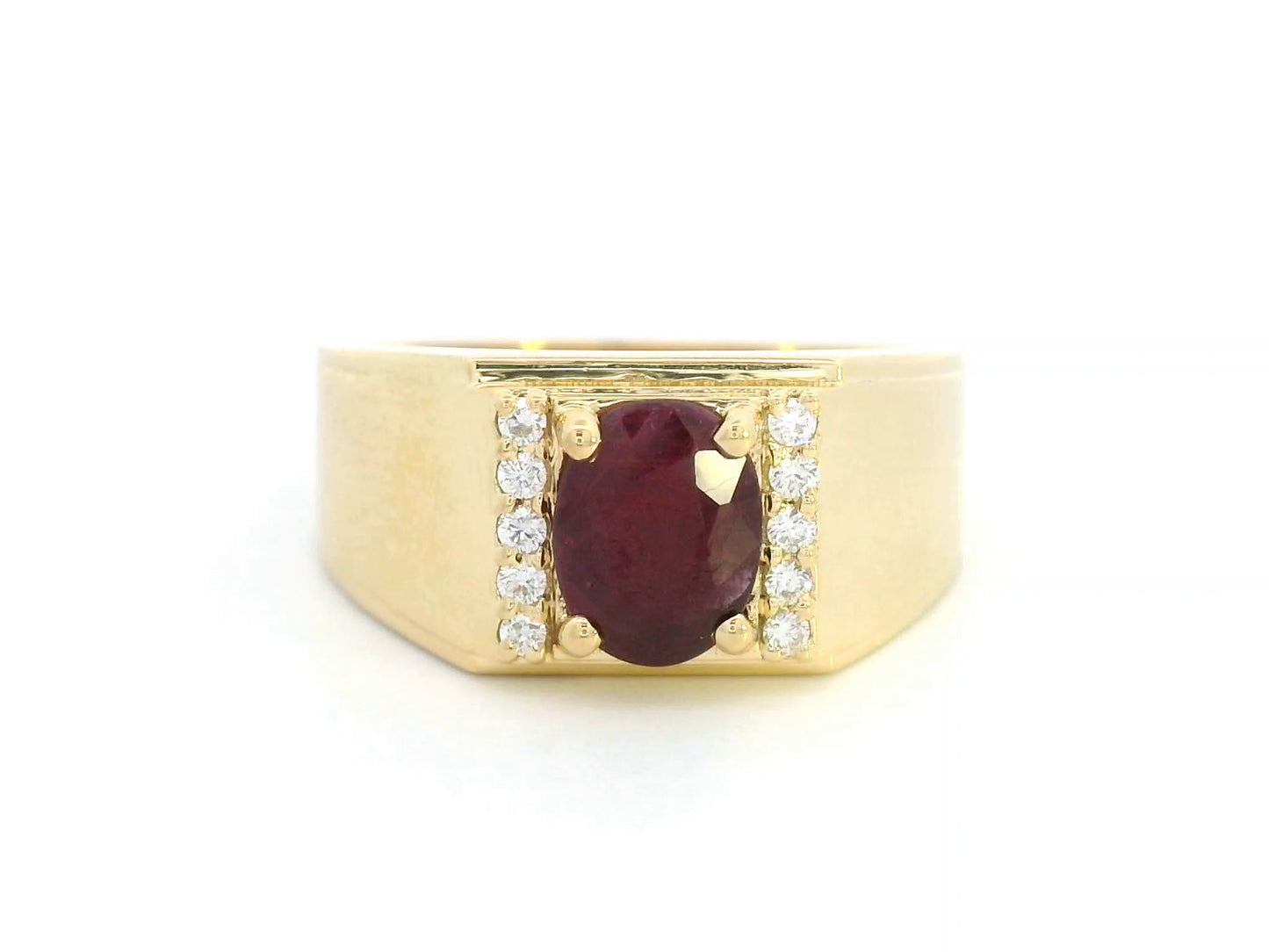 Men’s 18K Yellow Gold Ring with Oval Ruby and Vertical Rows of Round Diamonds – 1.10ct Ruby