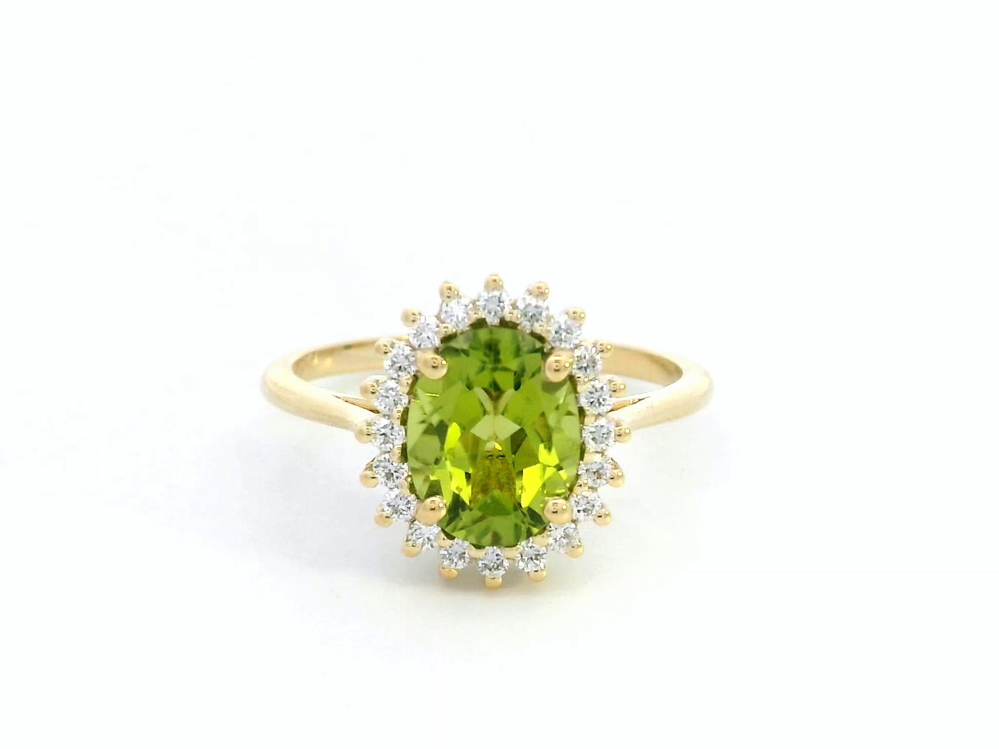 18K Gold Ring with Oval 1.91 Carat Peridot and Diamond Halo – Diana Style Design