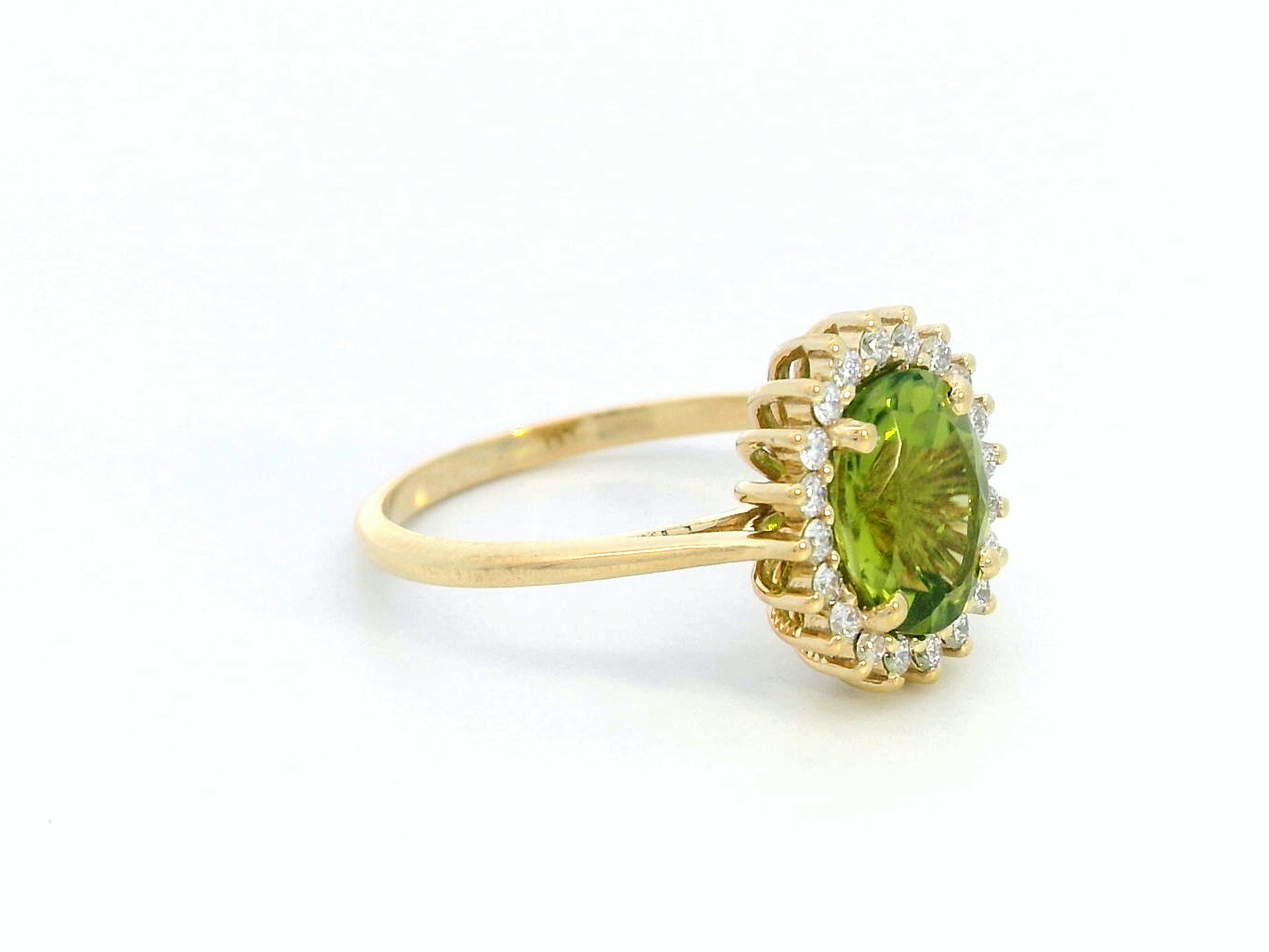 18K Gold Ring with Oval 1.91 Carat Peridot and Diamond Halo – Diana Style Design