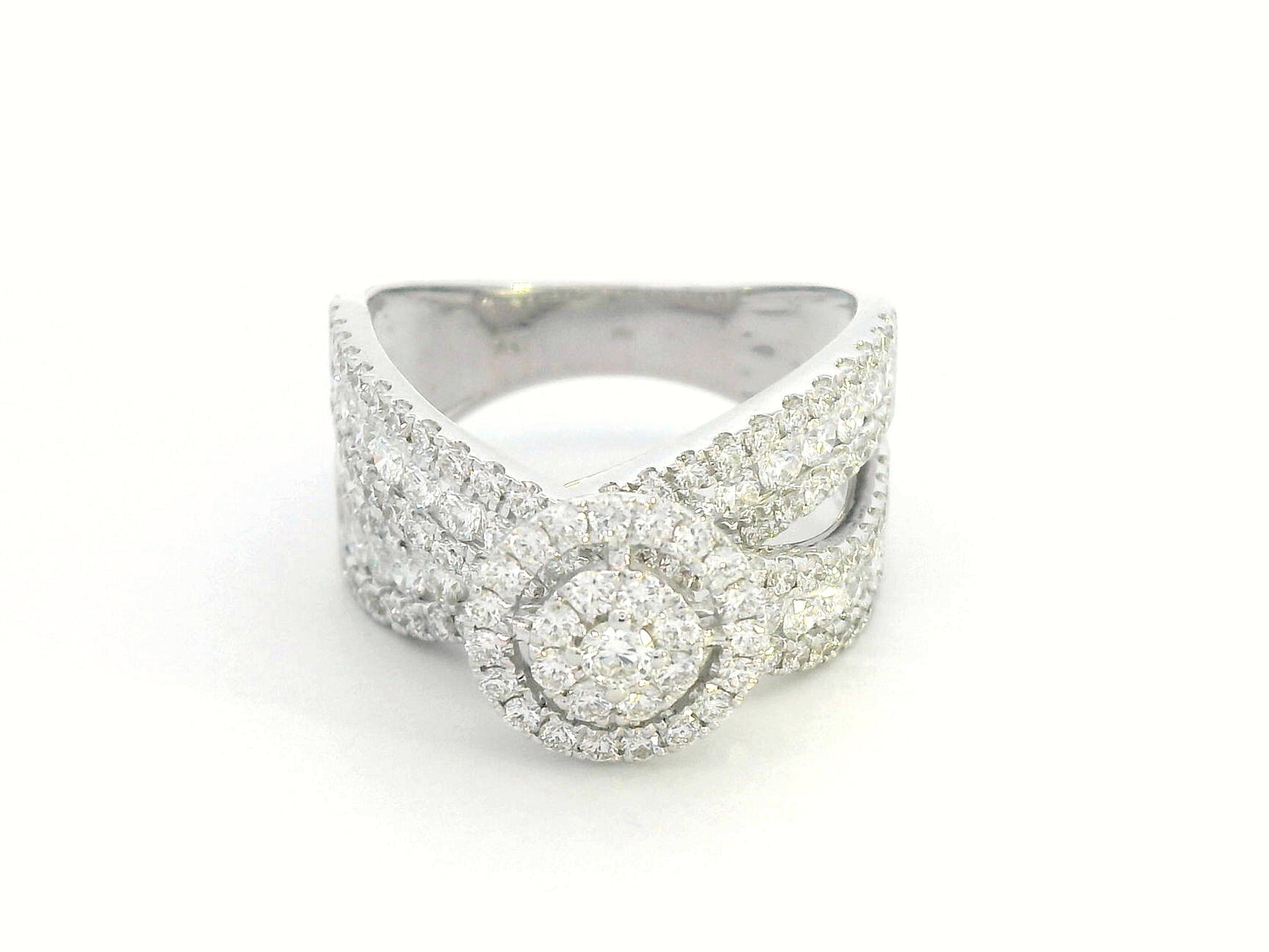 18K white gold diamond ring with round cluster center, halo, and split shank – 2.30 carats total.
